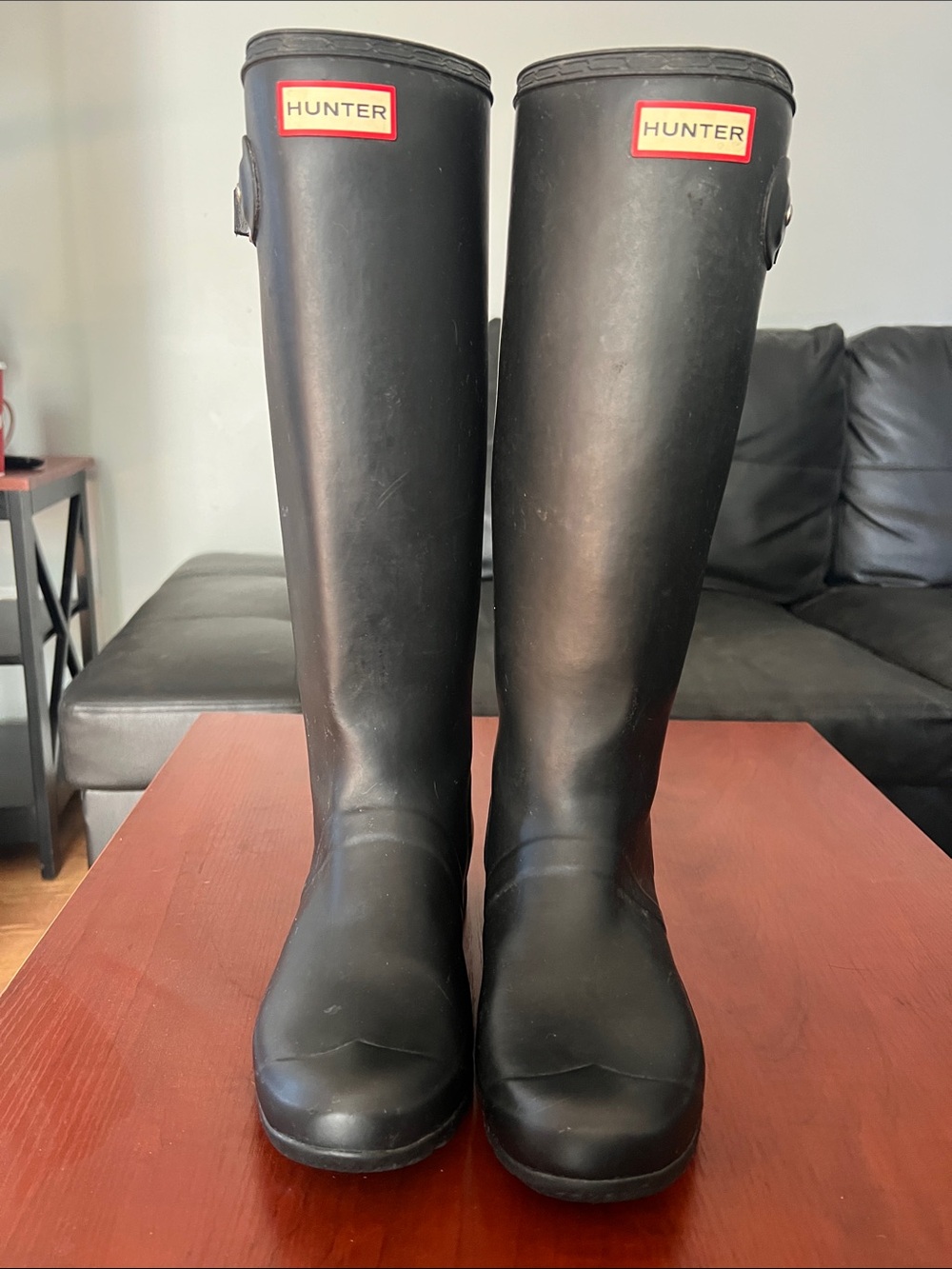 Hunter Tall Black Rain Boots with Red Logo